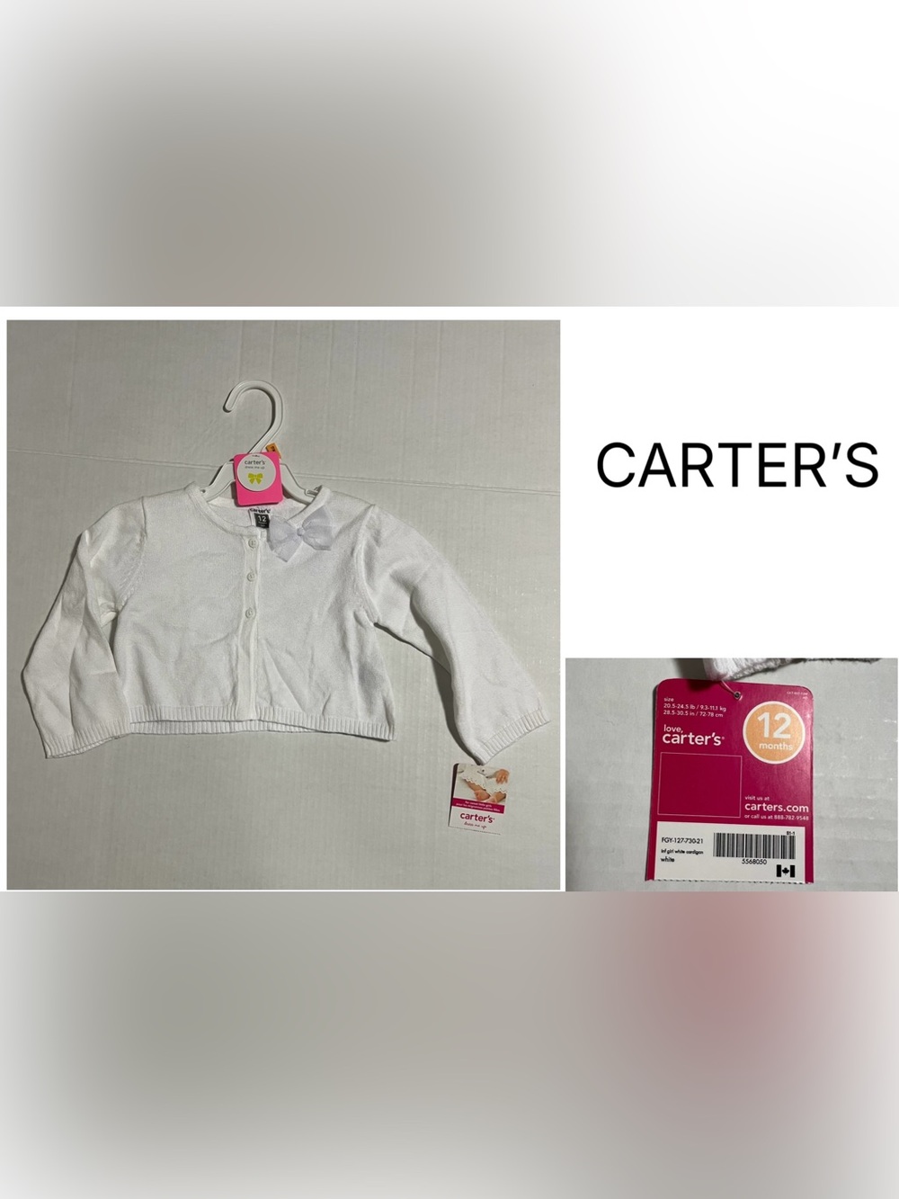 CARTER’S - 12M - NWT - INFANT GIRLS WHITE KNIT BOW CARDIGAN SWEATER